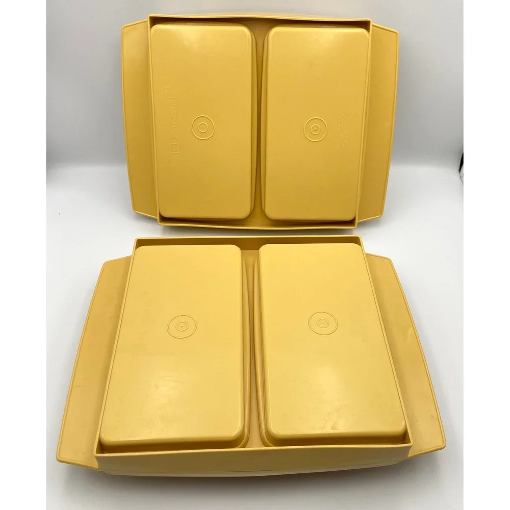 Vintage 1970s Tupperware 723-1 Deviled Egg Keeper Carrier Set of 2 Harvest Gold